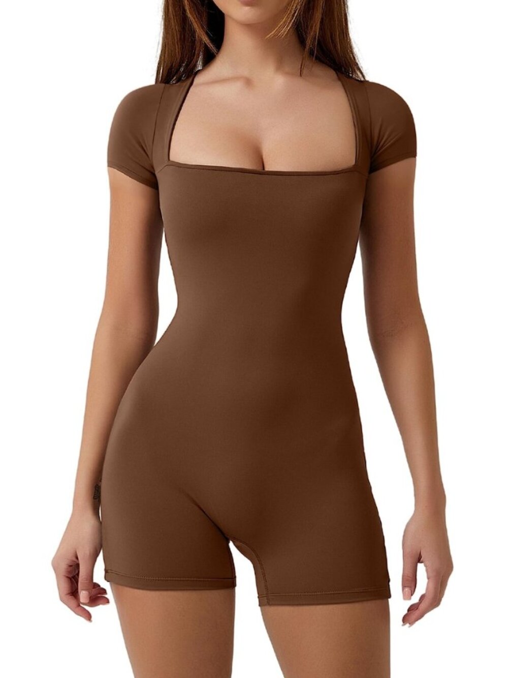 Women's Short Sleeve Bodycon Romper Stretchy Square Neck Sexy Unitard Jumpsuit